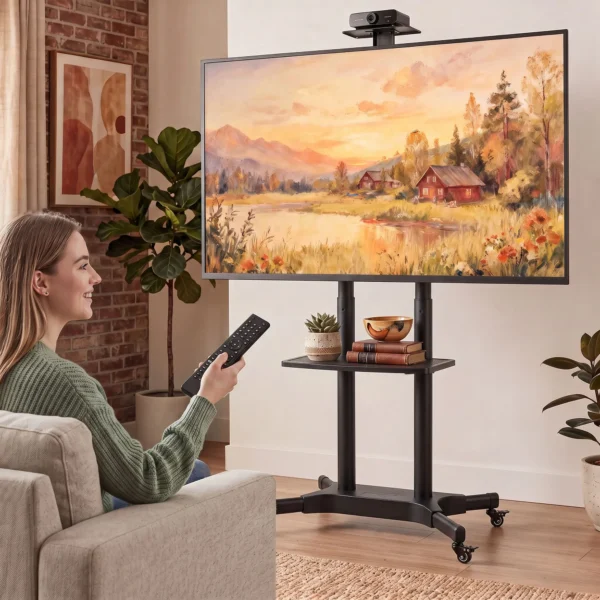 Verrijdbare TV standaard Voor 32 75 Inch Televisies, In Hoogte Verstelbare TV standaard Met 2 Planken, Metaal, Max. VESA 400x600mm