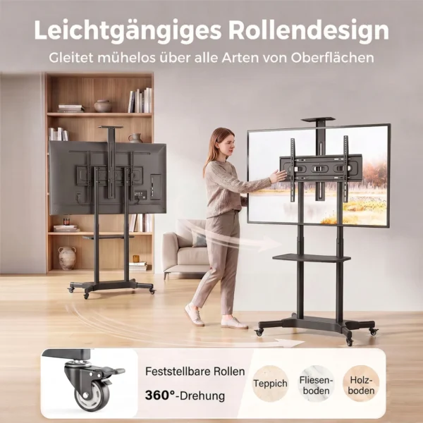 Verrijdbare TV standaard Voor 32 75 Inch Televisies, In Hoogte Verstelbare TV standaard Met 2 Planken, Metaal, Max. VESA 400x600mm