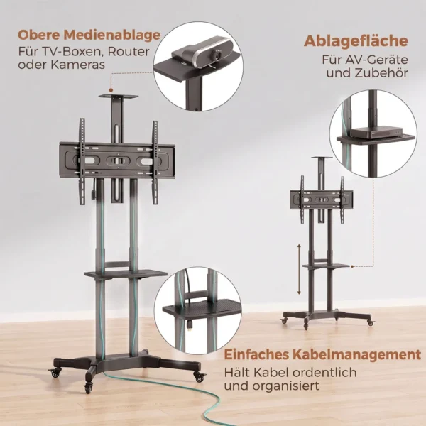 Verrijdbare TV standaard Voor 32 75 Inch Televisies, In Hoogte Verstelbare TV standaard Met 2 Planken, Metaal, Max. VESA 400x600mm