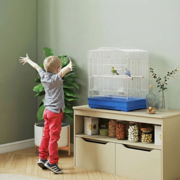 Vintage ontwerp Vogelkooi Voor Kleine Vogelsoorten Incl. Accessoires 46,5 X 36 X 59 Cm Staal, Hout, Blauw+Wit