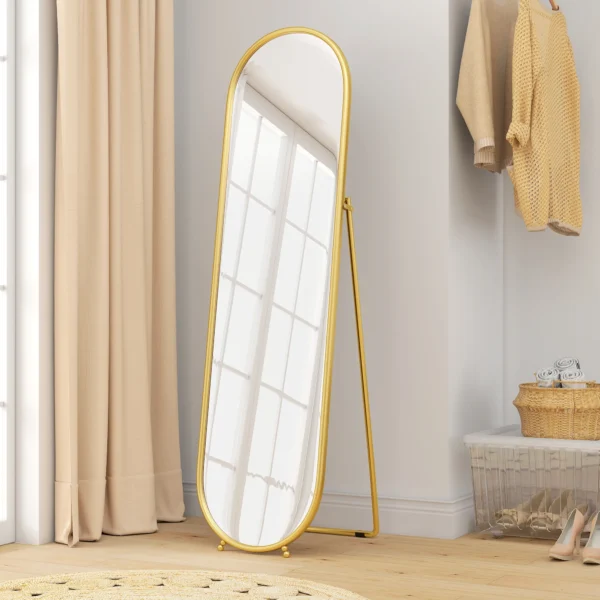 Volledige Lichaamsspiegel, Ovale Vorm, Vrijstaand, Metalen Frame, 50x180cm, Goud