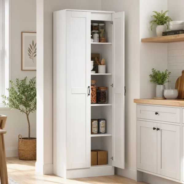Voorraadkast 175 Cm Met Opbergruimte, Keukenkast Met Soft close Deuren En Verstelbare Legplanken, Wit