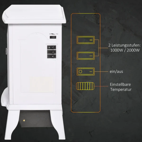Vrijstaande Elektrische Haard, Vlam Effect, 2 Verwarmingsmodi 1000W/2000W, Gehard Glas, Wit, 36,5x24x45,5 Cm