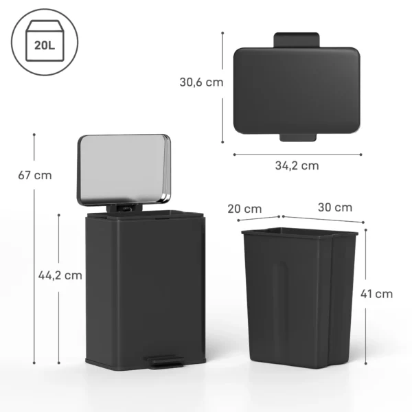 Vuilnisbak 20 L Trappelbak Met Softclose deksel, Pedaal, Verwijderbare Binnenbak Matzwart, 34,2 X 30,6 X 44,2 Cm