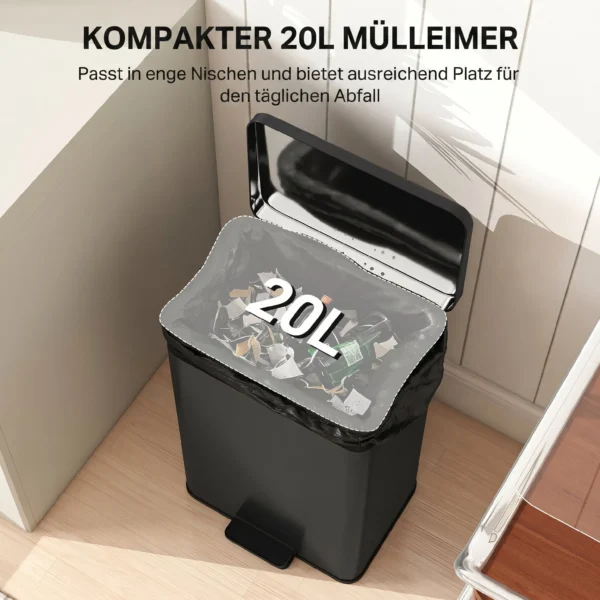 Vuilnisbak 20 L Trappelbak Met Softclose deksel, Pedaal, Verwijderbare Binnenbak Matzwart, 34,2 X 30,6 X 44,2 Cm