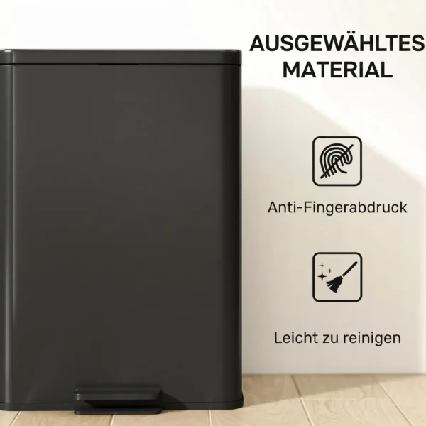 Vuilnisbak 20 L Trappelbak Met Softclose deksel, Pedaal, Verwijderbare Binnenbak Matzwart, 34,2 X 30,6 X 44,2 Cm