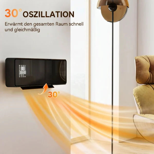 Wandmontierter 2000W Keramik Elektroheizer, Ventilator, Thermostat, Timer, Fernbedienung, Glaspaneel, Schwarz