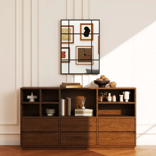 Wandspiegel, Decoratieve Spiegel Met Metalen Frame, Zwarte Strepen, Meerlaags Glas, 50B X 2T X 70H Cm