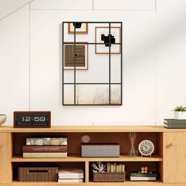 Wandspiegel, Decoratieve Spiegel Met Metalen Frame, Zwarte Strepen, Meerlaags Glas, 50B X 2T X 70H Cm