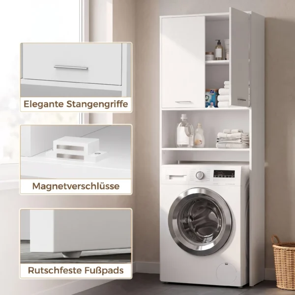 Wasmachine Opbergkast, Hoge Badkamerkast Met 2 Deuren En Open Vak, 66 X 24 X 191 Cm, Wit