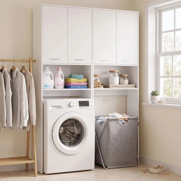 Wasmachine Opbergkast, Hoge Badkamerkast Met 2 Deuren En Open Vak, 66 X 24 X 191 Cm, Wit