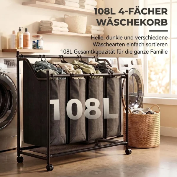 Wasmand Met Handvat, 108 L Rolbare Wasmand Met 4 Vakken En Wielen, Zwart