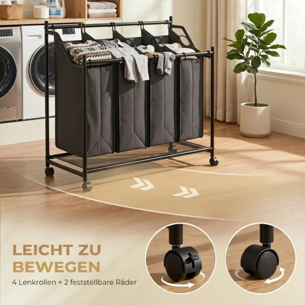 Wasmand Met Handvat, 108 L Rolbare Wasmand Met 4 Vakken En Wielen, Zwart