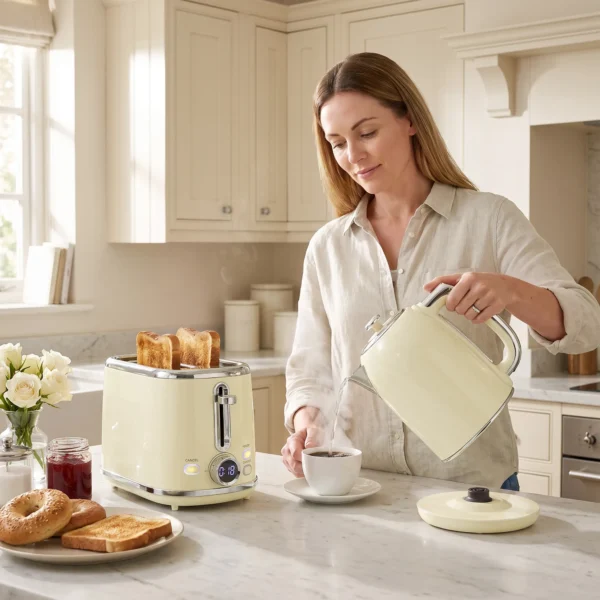 Wasserkocher Und Toaster Set Mit LED Display, 1,7 L Wasserkocher Mit 3 Std. Warmhaltefunktion, Creme