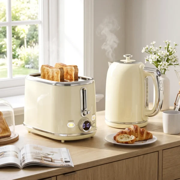 Wasserkocher Und Toaster Set Mit LED Display, 1,7 L Wasserkocher Mit 3 Std. Warmhaltefunktion, Creme