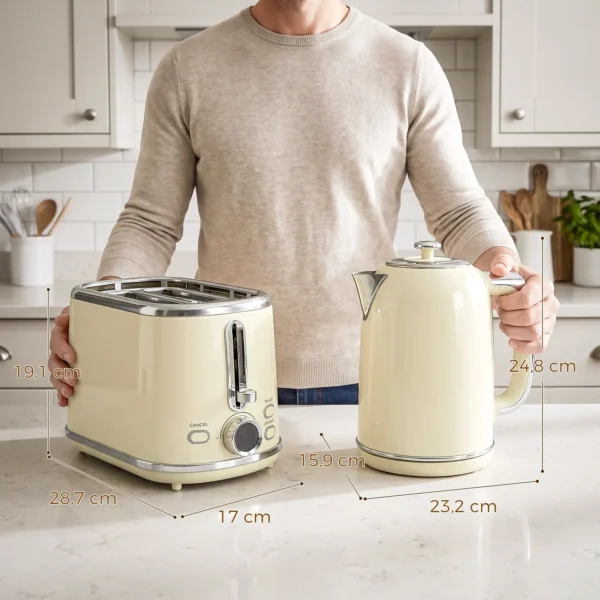 Wasserkocher Und Toaster Set Mit LED Display, 1,7 L Wasserkocher Mit 3 Std. Warmhaltefunktion, Creme
