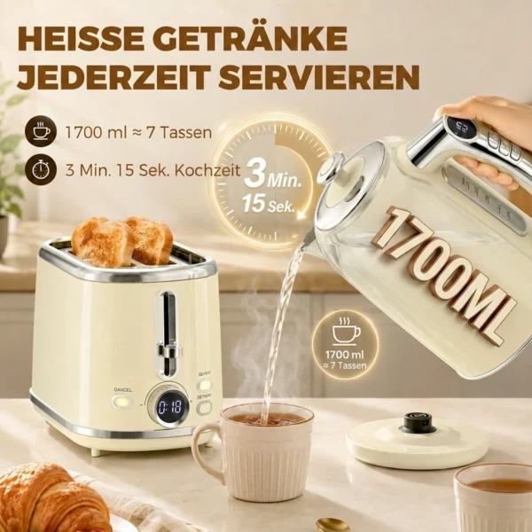 Wasserkocher Und Toaster Set Mit LED Display, 1,7 L Wasserkocher Mit 3 Std. Warmhaltefunktion, Creme