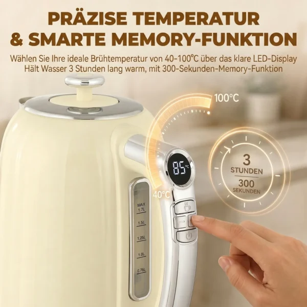 Wasserkocher Und Toaster Set Mit LED Display, 1,7 L Wasserkocher Mit 3 Std. Warmhaltefunktion, Creme