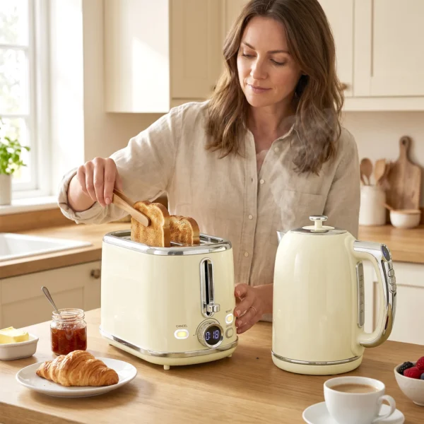 Wasserkocher Und Toaster Set Mit LED Display, 1,7 L Wasserkocher Mit 3 Std. Warmhaltefunktion, Creme