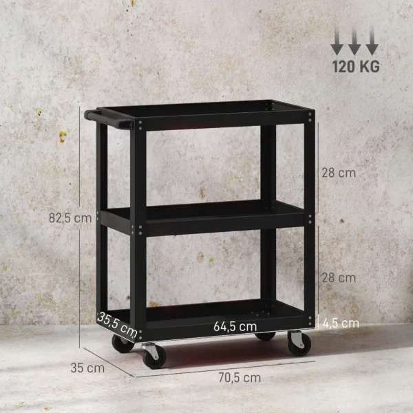 Werkplaatswagen Met 3 Planken En Zijhouder, 4 Wielen, 70,5 X 35 X 82,5 Cm, Zwart