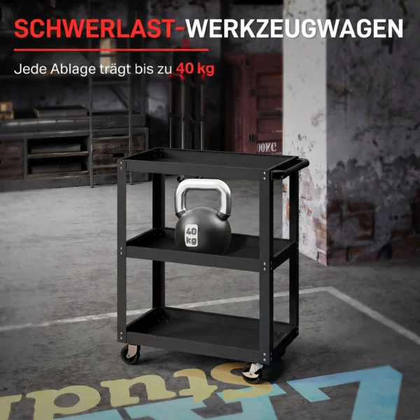 Werkplaatswagen Met 3 Planken En Zijhouder, 4 Wielen, 70,5 X 35 X 82,5 Cm, Zwart