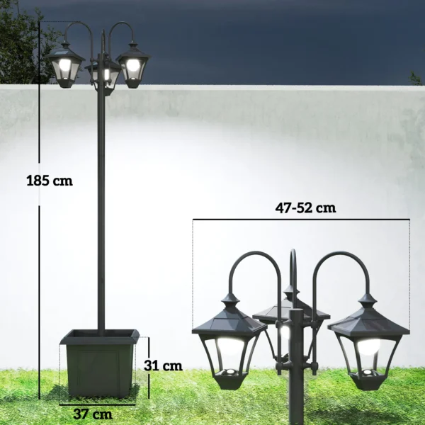 Zonnelantaarn Staande Lamp Met Bloempot 185cm Hoogte Verstelbaar Buiten Tuinlantaarn Met 3 Lampenkoppen Lichtregeling