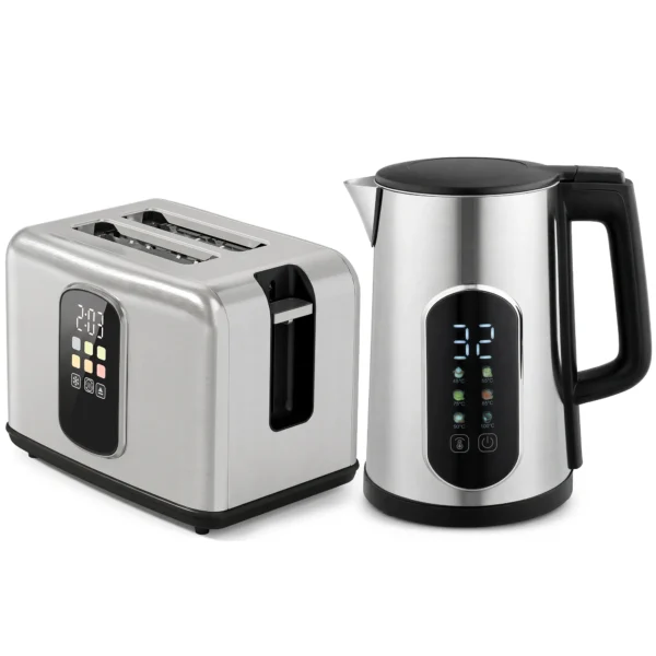 1,5 l Waterkoker, 2200 W, Met LED touchscreen, 2 sneetjes Broodrooster Met 6 Bruiningsniveaus, Zilver