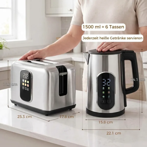 1,5 l Waterkoker, 2200 W, Met LED touchscreen, 2 sneetjes Broodrooster Met 6 Bruiningsniveaus, Zilver