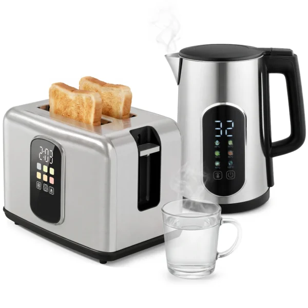 1,5 l Waterkoker, 2200 W, Met LED touchscreen, 2 sneetjes Broodrooster Met 6 Bruiningsniveaus, Zilver