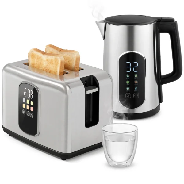 1,5 l Waterkoker, 2200 W, Met LED touchscreen, 2 sneetjes Broodrooster Met 6 Bruiningsniveaus, Zilver