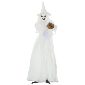 189 Cm Witte Heks Met Pompoenhoofd, Levensgrote Halloween Buitendecoratie