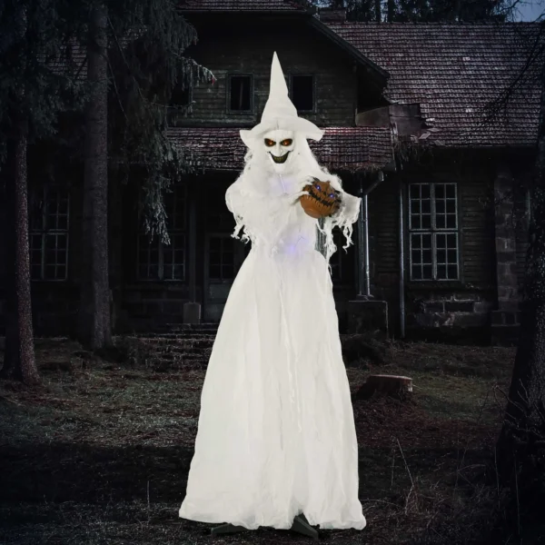 189 Cm Witte Heks Met Pompoenhoofd, Levensgrote Halloween Buitendecoratie