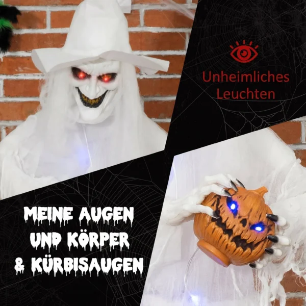 189 Cm Witte Heks Met Pompoenhoofd, Levensgrote Halloween Buitendecoratie