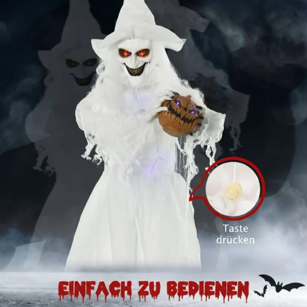 189 Cm Witte Heks Met Pompoenhoofd, Levensgrote Halloween Buitendecoratie