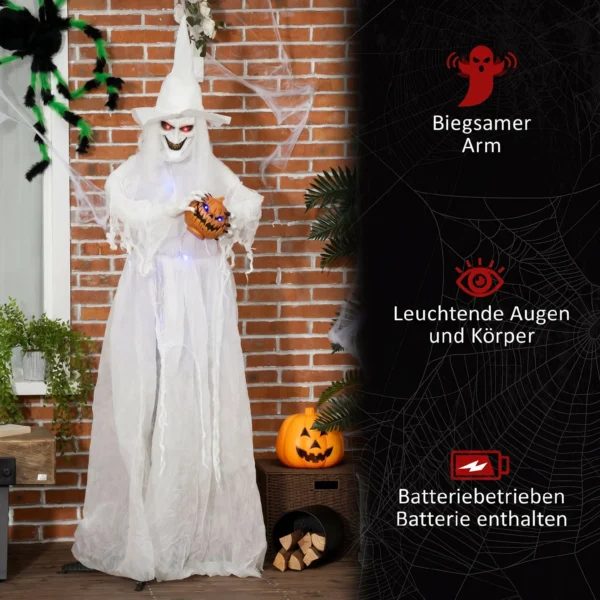 189 Cm Witte Heks Met Pompoenhoofd, Levensgrote Halloween Buitendecoratie