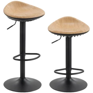 2 delige Set Barkrukken, In Hoogte Verstelbare Barstoelen Met Voetensteun, 360° Draaibaar, Stalen Basis, Eiken