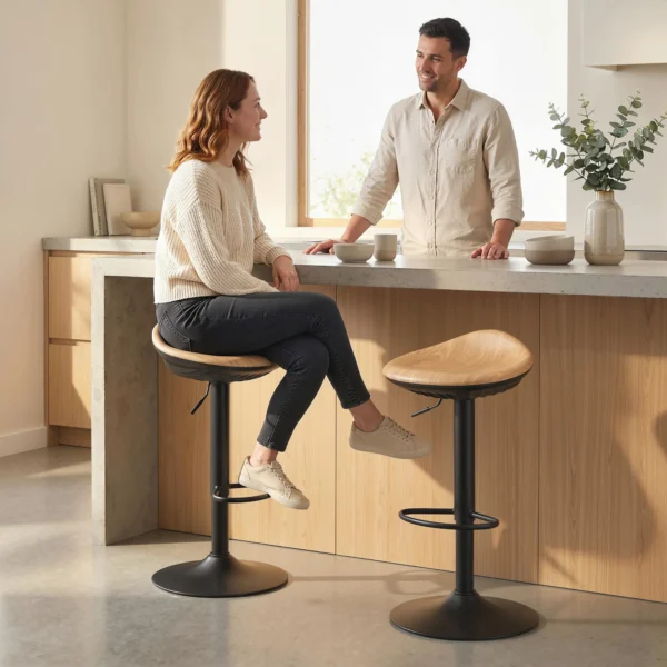 2 delige Set Barkrukken, In Hoogte Verstelbare Barstoelen Met Voetensteun, 360° Draaibaar, Stalen Basis, Eiken