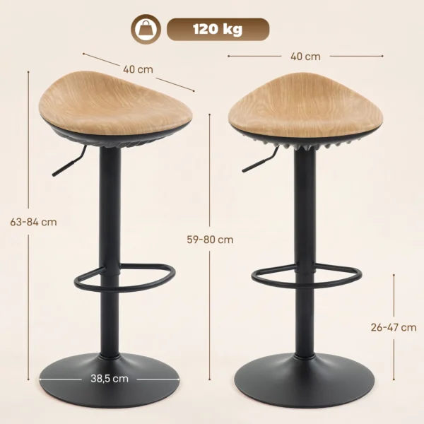 2 delige Set Barkrukken, In Hoogte Verstelbare Barstoelen Met Voetensteun, 360° Draaibaar, Stalen Basis, Eiken