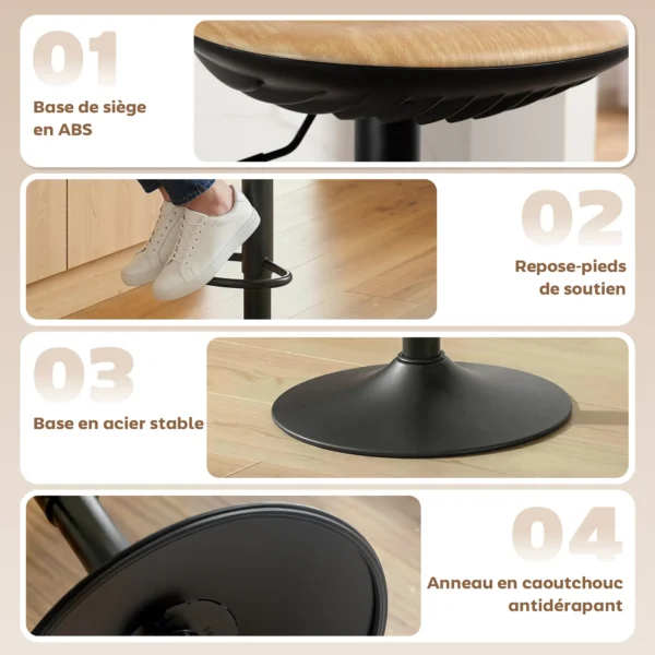 2 delige Set Barkrukken, In Hoogte Verstelbare Barstoelen Met Voetensteun, 360° Draaibaar, Stalen Basis, Eiken