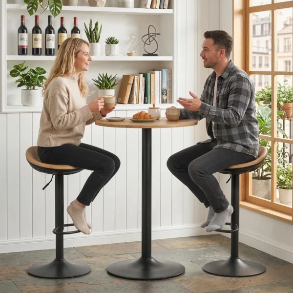 2 delige Set Barkrukken, In Hoogte Verstelbare Barstoelen Met Voetensteun, 360° Draaibaar, Stalen Basis, Eiken