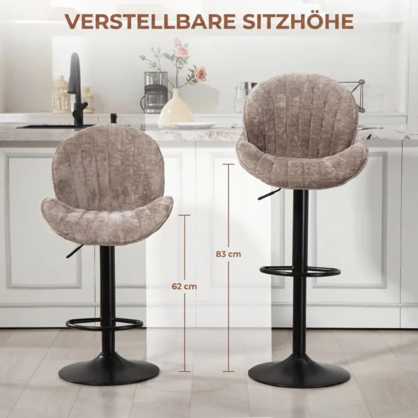 2 delige Set Barkrukken, Stoffen Bekleding, Verstelbare Zithoogte, Draaibaar, Stalen Frame, Bruin