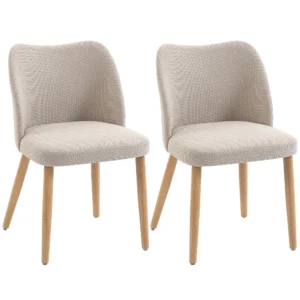 2 delige Set Eetkamerstoelen In Linnenlook En Rubberboomhout, Gestoffeerde Zitting, Gebogen Rugleuning, Crème