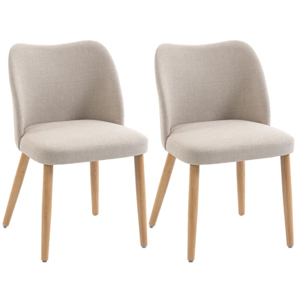 2 delige Set Eetkamerstoelen In Linnenlook En Rubberboomhout, Gestoffeerde Zitting, Gebogen Rugleuning, Crème