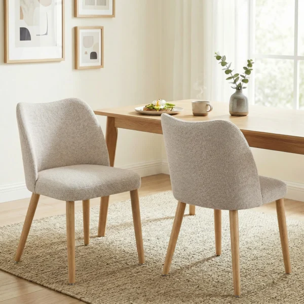 2 delige Set Eetkamerstoelen In Linnenlook En Rubberboomhout, Gestoffeerde Zitting, Gebogen Rugleuning, Crème
