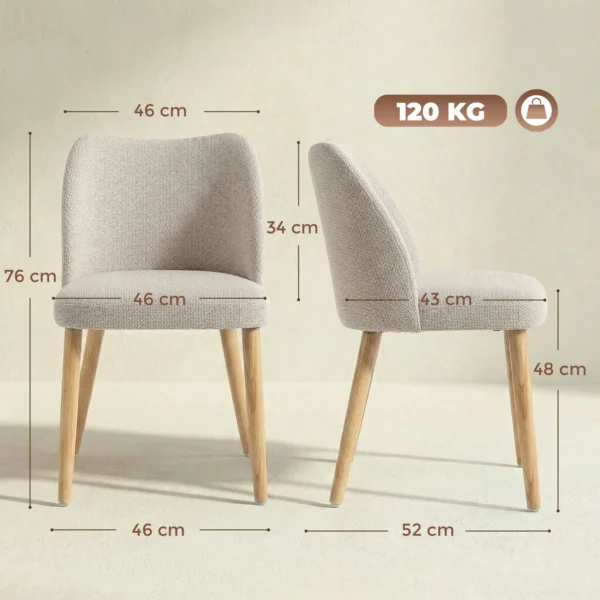 2 delige Set Eetkamerstoelen In Linnenlook En Rubberboomhout, Gestoffeerde Zitting, Gebogen Rugleuning, Crème