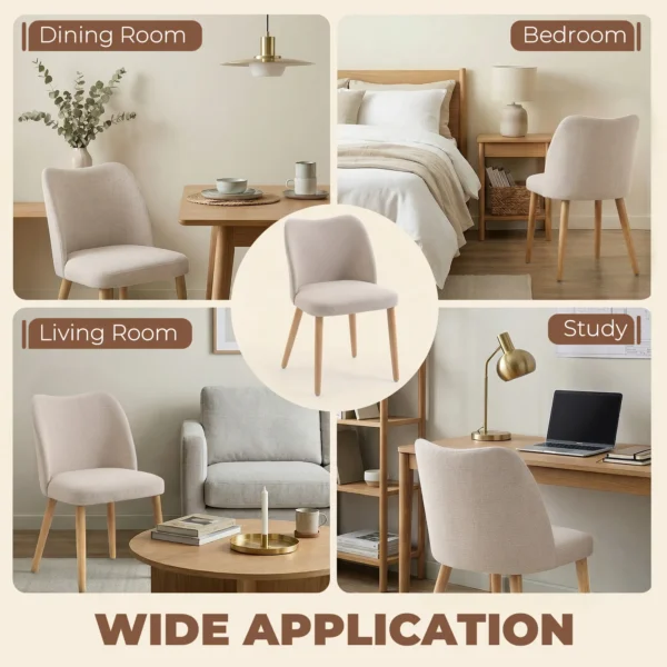 2 delige Set Eetkamerstoelen In Linnenlook En Rubberboomhout, Gestoffeerde Zitting, Gebogen Rugleuning, Crème