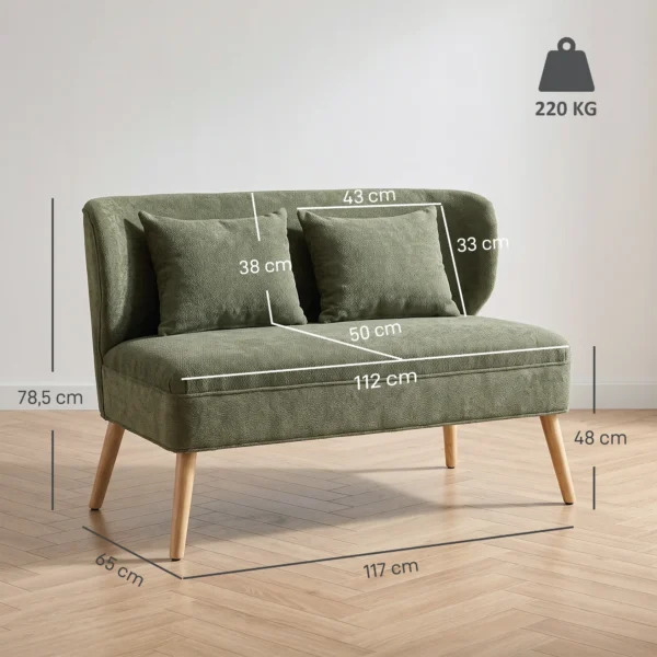 2 zitsbank, Klein Chenille Bank Met Vleugelrug, Dikke Zitting, Rubberboomhouten Voeten, Donkergroen