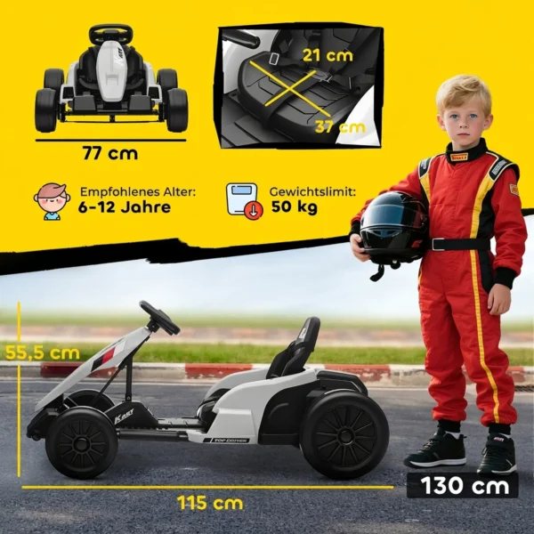 24 V Elektrische Go Kart Voor Kinderen Tot 18 Km/u Go kart Met Drift Functie, Drift Kart Met 2 Motoren Verstelbare Zitplaats Wit