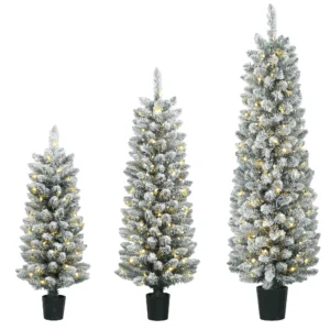 3 delige Set Besneeuwde LED kerstbomen, Smal, Met PVC takken, 90/120/150 Cm