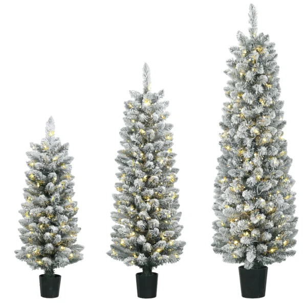 3 delige Set Besneeuwde LED kerstbomen, Smal, Met PVC takken, 90/120/150 Cm